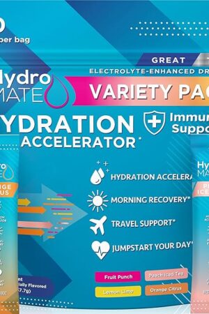 HydroMATE Electrolytes Powder Drink Mix Packets Hydration Accelerator Low Sugar Rapid Party Recovery Plus Vitamin C Variety Pack 30 Count