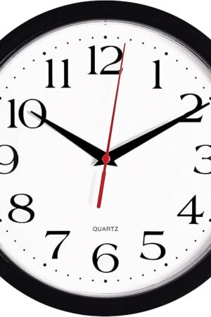 Bernhard Products Black Wall Clock Silent Non Ticking 10 Inch Quality Quartz Battery Operated Round Easy to Read Home/Office/Kitchen/Classroom/School Clock Sweep Movement