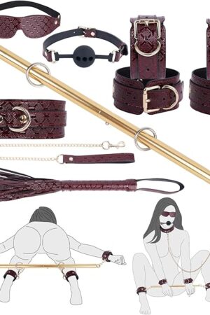 10PCS BDSM Kit Spreader Bar Sex Toys Furniture Restraints, Stunning Leather Bondage Set Handcuffs Ankle Cuffs for Couples Adult Sexual Games Play Kinky (Red, Adjustable)