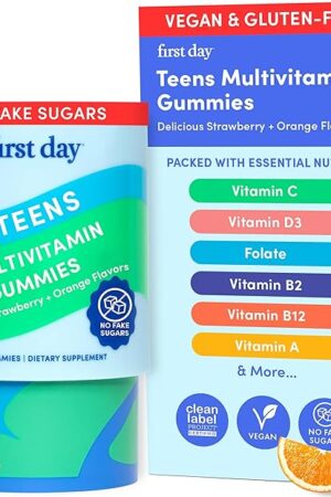 FIRST DAY Vitamins for Teens - Teen Multi Vitamins for Girls & Boys 12-17, Organic Fruit & Veggie Blend - 12 Key Nutrients: Vitamins A, B1, B2, B6, B9, B12, C, D3, E, K2-30 Day Supply