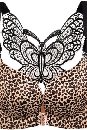 Bras for Women Underwire Front Closure Leopard Back Butterfly Lace Bra Sexy Corset Bra Seamless Wireless Comfort Bra