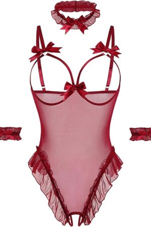 Womens Lingerie Bodysuit 4 Piece Set Sheer Mesh Teddy Babydoll with Detachable Collar and Wrist Cuffs