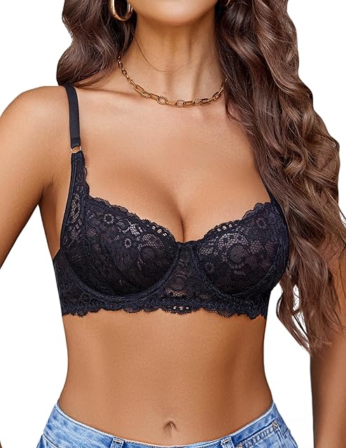 Women's Lace Underwire Bra Sexy Mesh Balconette Unlined Everyday Bra Lingerie