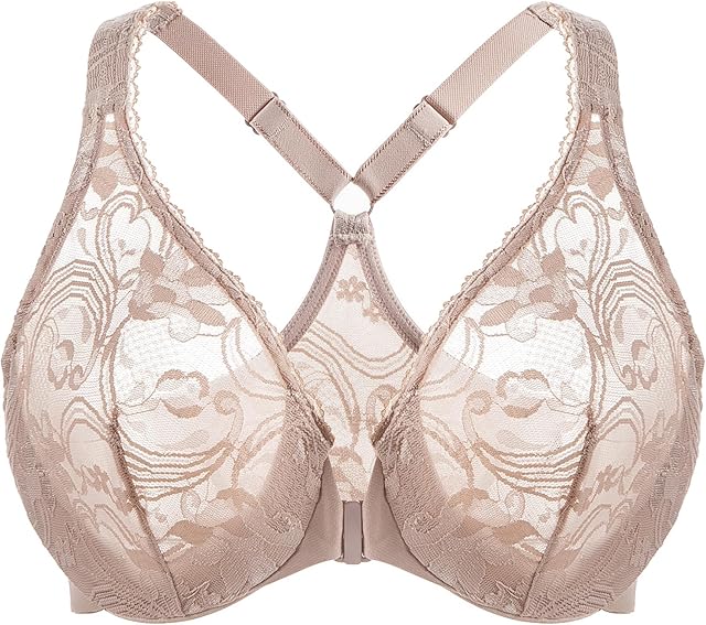 Women's Plus Size Racerback Unlined Lace Underwire Front Closure Bra