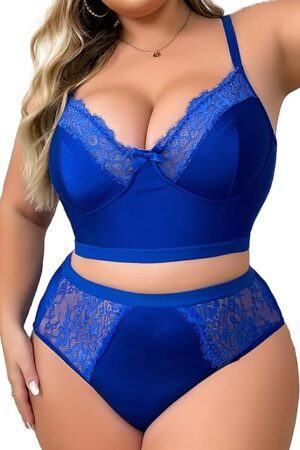 Womens Plus Size 2 Piece Lingerie Set Floral Sexy Mesh Sheer V Neck 3/4 Cup Lace Outfits