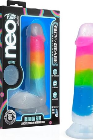 Blush Novelties Neo Elite Rainbow Rave  6.5 Inch Glow-in-The-Dark Dildo  Sensa Feel? Dual Density Technology & Purio? Liquid Silicone  Suction Cup  Adult Sex Toy  Rainbow