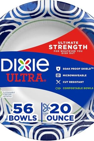 Dixie Ultra, Large Paper Bowls, 20 Oz, 56 Count, Microwave Safe, Compostable, Disposable Bowls Great For Breakfast, Lunch, And Dinner Meals