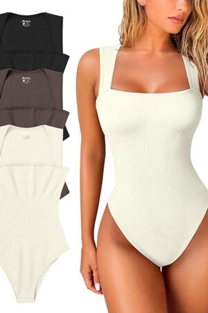 Women's 3 Piece Bodysuits Sexy Ribbed Strappy Square Neck Sleeveless Tummy Control Tank Tops Bodysuits