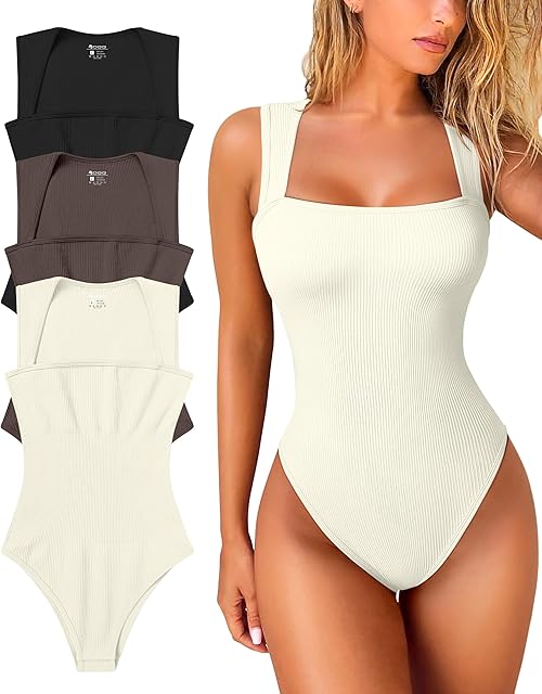Women's 3 Piece Bodysuits Sexy Ribbed Strappy Square Neck Sleeveless Tummy Control Tank Tops Bodysuits
