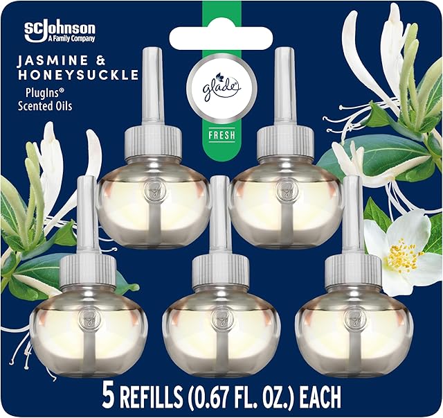 Glade PlugIns Refills Air Freshener, Jasmine & Honeysuckle, Scented and Essential Oils for Home and Bathroom, 067 Fl Oz, 5 Count