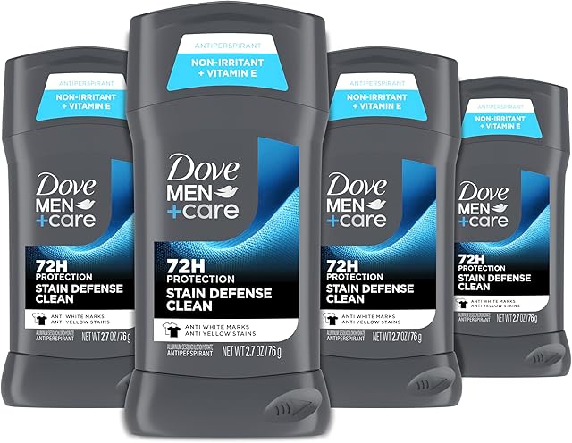 Dove Men+Care Deodorant Stick 4 Count Stain Defense Clean for Men, Anti-white Marks & Anti-yellow Stains with 72-hour Sweat and Odor Protection 27 oz