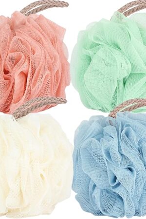 Fu Store Loofah Sponge Shower Loofahs 50g Bath Sponges Mesh Balls 4 Colors for Body Scrubber Exfoliator Wash Back Scrubber Bathroom Men Women - 4 Pack Scrubbers Cleaning Bathing Accessories