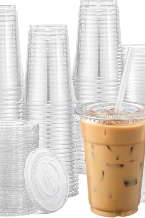 AOZITA 120 Sets - 20 oz Clear Plastic Cups with Lids, Disposable Cups With Straw Slot Lids for Cold Drinks, Milkshake, Smoothie, Iced Coffee and TO-GO Drinkings