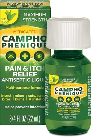 Campho Phenique Maximum Strength Antiseptic Liquid, Pain Relief and Anti-Itch Treatment, Provides Instant Relief From Bug Bites, Minor Cuts and Skin Irritations, 075 Oz