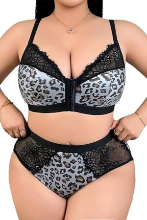 Women's Plus Size 2 Piece Lingerie Set Leopard Print Sexy V Neck Mesh Sheer Push Up Strappy Underwear Sets