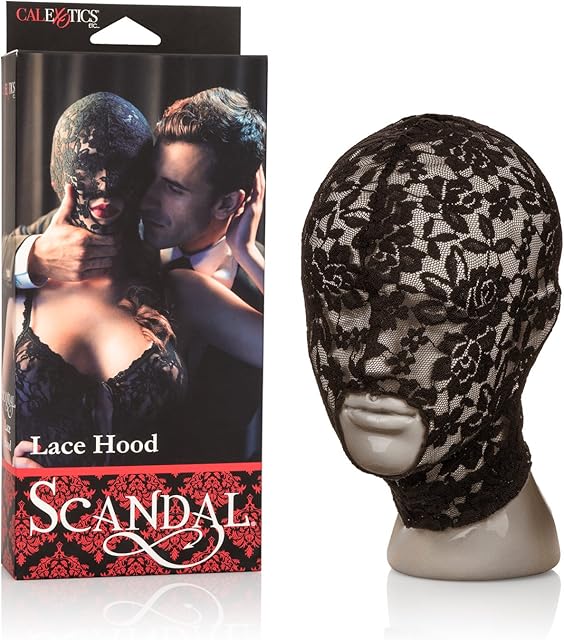 CalExotics Scandal Lace Hood Erotic BDSM Sex Blindfold for Couples Open Mouth Role Playing Mask - Black