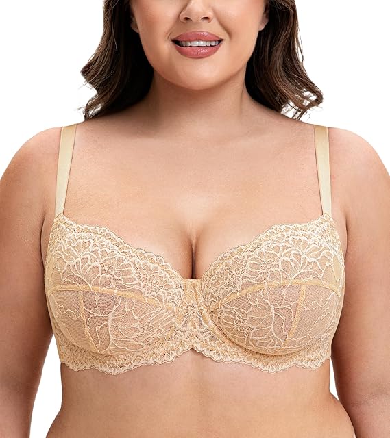 Lace Bras for Women Plus Size Full Coverage Underwire Floral Lace Non-Padded Bras Unlined