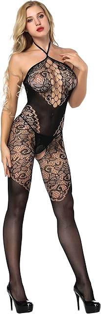 Women's Fishnet Sexy Lingerie Lace Mesh Babydoll Chemise Nightwear Halter Garter Dress