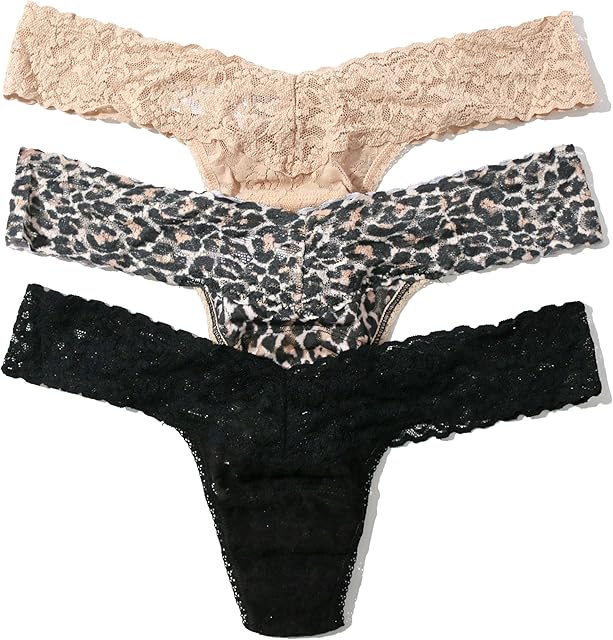 hanky panky - Signature Lace Low Rise Thongs for Women (3 pack) | One Size fits 4-14 | Black, Classic Leopard, Chai | No VPL, Soft Nylon Stretchy Lace, Comfortable Lingerie, Sexy Underwear for women