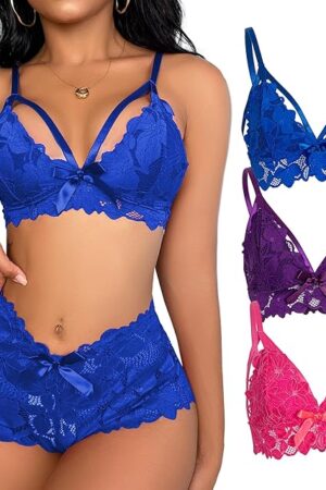 Womens Sexy Deep V Lingerie Sets 3 Pack Floral Lace Bralette High Waist Panties Pajamas Stretch for Wedding Honeymoon