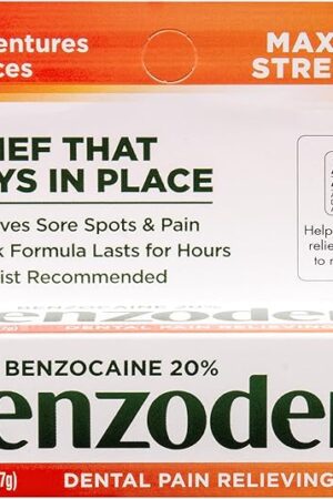 Benzodent Maximum Strength Dental and Oral Pain Relieving Cream for Dentures, Mouth Sores, and Braces, Long lasting Topical Anesthetic, 0.25 oz