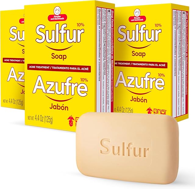 Biosulfur Grisi Acne Treatment Soap: Deep Cleansing, Acne-Fighting, Reduces Inflammation, Prevents Breakouts, Blackheads, Excess Oil, Sulfur Soap Bar, 4.4 oz, 3-Pack