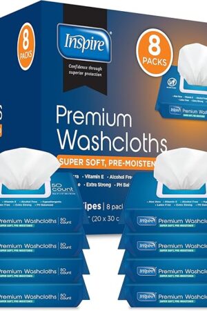 Inspire Adult Wet Wipes, Wash Cloths, Incontinence & Cleansing for Elderly Extra Large, 8"x12" (Pack of 8)