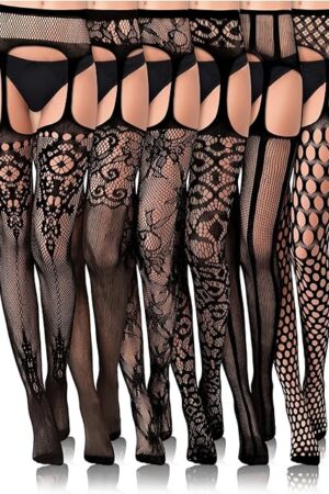 6 Packs Women Fishnet Bodysuits Mesh BodyStocking Fishnet Lingerie Long Sleeve Bodysuits One Piece Jumpsuit, Black
