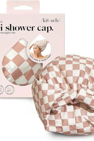 Kitsch Luxury Shower Caps for Women Reusable Waterproof - Flexi Satin Lined, Large Wide Shower Cap for Women & Men, Adjustable, Stylish Hair Cap for Shower, For Long & Short Hair - Terracotta Checker