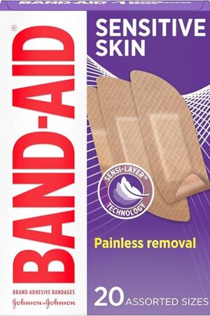 Band-Aid Brand Adhesive Bandages for Sensitive Skin, Hypoallergenic First Aid Bandages with Painless Removal, Stays on When Wet & Suitable for Eczema Prone Skin, Sterile, Assorted, 20 ct