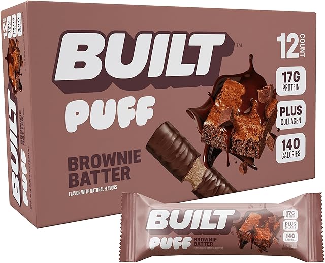Built Bar, Puff Protein Bars, Brownie Batter Puff, 17g Protein Snacks, On-The-Go Bars, Only 140 Calories, 6g Sugar, Collagen, Gluten Free, 12 Count