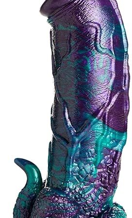 Dino-Dick Dinosaur Silicone Dildo for Men, Women, & Couples. Fantasy Dildo with Strong Suction Cup Base. Harness Compatible, Stimulating Textures, 1 Piece, XL Blue & Purple.