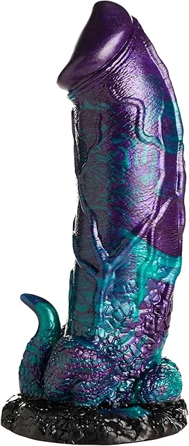Dino-Dick Dinosaur Silicone Dildo for Men, Women, & Couples. Fantasy Dildo with Strong Suction Cup Base. Harness Compatible, Stimulating Textures, 1 Piece, XL Blue & Purple.