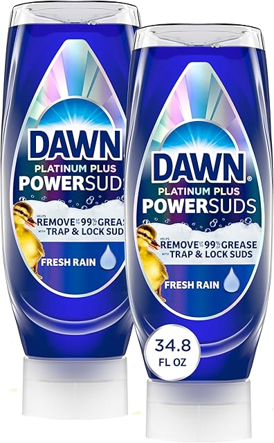 Dawn Platinum Plus PowerSuds EZ-Squeeze Dish Soap Liquid, Dishwashing Liquid, Grease Removal, Upside Down Bottle, Fresh Rain Scent, 2x174 Fl Oz Bundle
