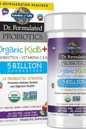 Garden of Life Dr Formulated Probiotics Organic Kids+ Plus Vitamin C & D - Berry Cherry - Gluten, Dairy & Soy Free Immune & Digestive Health Supplement, No Added Sugar, 30 Chewables (Shelf Stable)