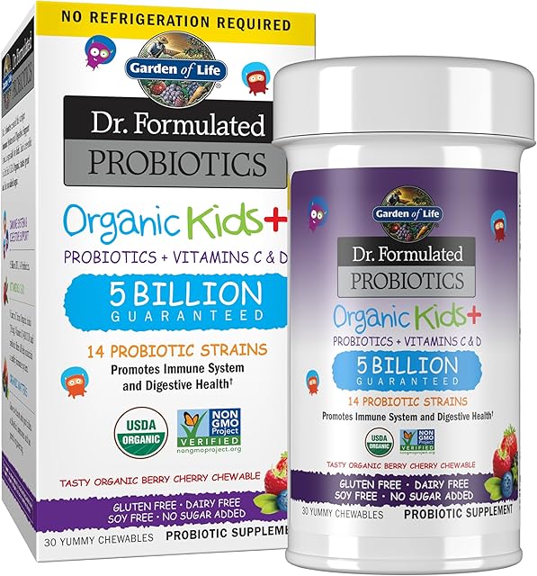 Garden of Life Dr Formulated Probiotics Organic Kids+ Plus Vitamin C & D - Berry Cherry - Gluten, Dairy & Soy Free Immune & Digestive Health Supplement, No Added Sugar, 30 Chewables (Shelf Stable)