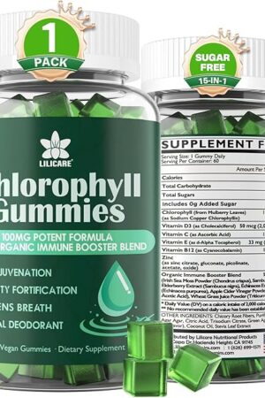 Chlorophyll Gummies - Super Green with Wheat Grass, Sea Moss, Unfiltered ACV & Elderberry, Echinacea, Zinc Complex & Vitamin D3, C, E, B12 for Natural Deodorant, Immune & Digestion Support, 60 Chews