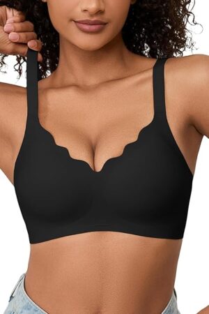 Women Comfortable Wireless Bras Push Up Seamless Bralettes Soft V Neck Scalloped Full Coverage Everyday Bra