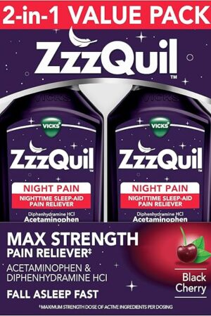 ZzzQuil Liquid Max Strength Pain Reliever, Nighttime Sleep Aid Liquid, Acetaminophen 1000mg, Diphenhydramine 50mg HCI, Non-Habit Forming, Black Cherry Flavored, 2 Pack, 24 FL OZ