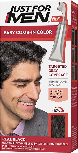 Just For Men Easy Comb-In Color Mens Hair Dye, Easy No Mix Application with Comb Applicator - Real Black, A-55, Pack of 1