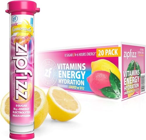 Zipfizz Daily Energy Drink Powder, Pink Lemonade, 20 Pack | 3-in-1 Sustained Energy, Rapid Hydration, and Essential Vitamins | Sugar-Free | Electrolyte Powder | Contains Vitamin B-12 & Antioxidants