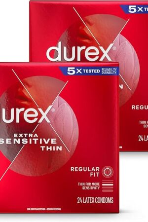 Durex Extra Sensitive Condoms, Extra Lubricated- Ultra Fine, Natural Latex Male Condoms with Extra Lube to Heighten Sensation and Pleasure with Reservoir Tip, HSA Eligible, 24 Count (Pack of 2)