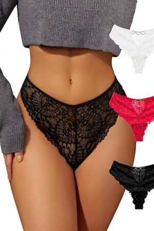 Women's Sexy Lace Thongs, V-Shape Low Rise Seamless Underwear Hollow Out See Through Panties Pack of 3