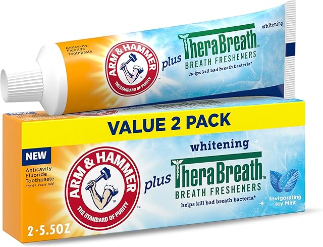 ARM & HAMMER Toothpaste Plus TheraBreath Breath Fresheners, Invigorating ICY Mint Flavor, Whitening Anticavity Fluoride Toothpaste for Bad Breath, 55 Oz (Pack of 2)