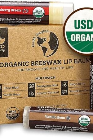 Earth's Daughter USDA Organic Lip Balm 6-Pack - Fruit Flavors, Beeswax, Coconut Oil, Vitamin E - Best Lip Repair Chapstick for Dry Cracked Lips - Moisturizing Lip Care