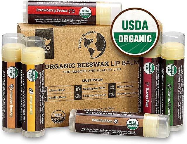 Earth's Daughter USDA Organic Lip Balm 6-Pack - Fruit Flavors, Beeswax, Coconut Oil, Vitamin E - Best Lip Repair Chapstick for Dry Cracked Lips - Moisturizing Lip Care