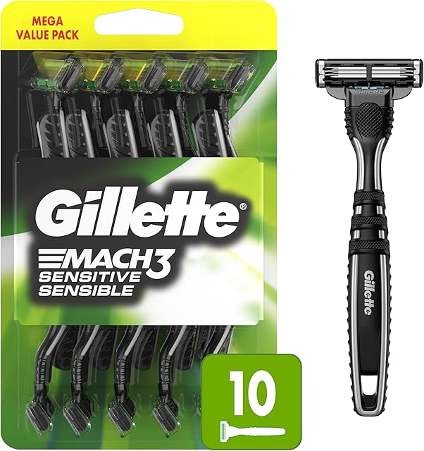 Gillette Mach3 Sensitive Razors for Men, Men?s Disposable Razors, Pivoting Head for Close and Comfortable Shave, 10 Count