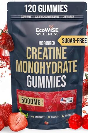 Creatine Monohydrate Gummies 5000 mg, Strawberry Flavor, 120 Sugar-Free Vegan Chews, Creatine Supplement for Daily Routine