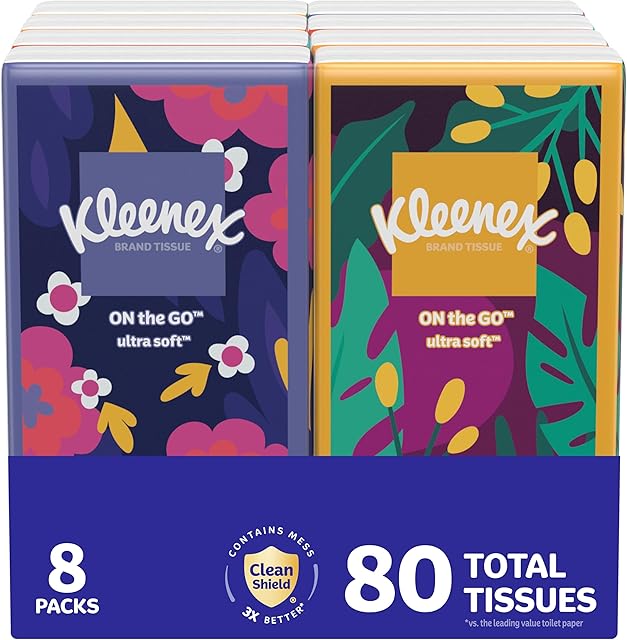 Kleenex On-The-Go Facial Tissues, 8 On-The-Go Packs, 10 Tissues per Box, 3-Ply (80 Total), Packaging May Vary