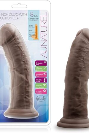 Blush Novelties Au Naturel 8" Realistic Dildo, Long, Thick, Suction Cup Harness Compatible, Sex Toy for Women, Sex Toy for Adults Chocolate